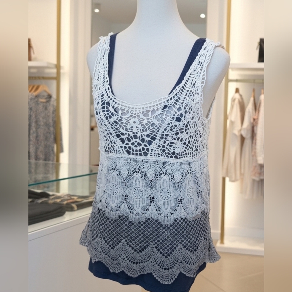 Women's White Gray Crochet Cotton Sleeveless Tank Top Medium NO LABEL